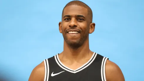 Chris Paul of the San Antonio Spurs poses for photographs at the San Antonio Spurs Media Day at the Victory Capital Performance Center on September 30, 2024 in San Antonio, Texas. 
