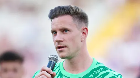 Marc Andre Ter Stegen of FC Barcelona speaks to the supporters prior to the Joan Gamper Trophy match between FC Barcelona and AS Monaco at Estadi Olimpic Lluis Companys on August 12, 2024 in Barcelona, Spain.
