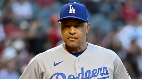 Manager Dave Roberts of the Los Angeles Dodgers looks on before Game Three of the Division Series against the Arizona Diamondbacks at Chase Field.
