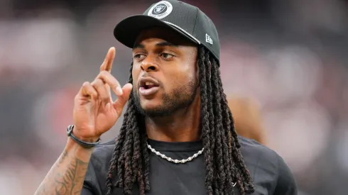 Davante Adams #17 of the Las Vegas Raiders looks on before the game against the Cleveland Browns at Allegiant Stadium on September 29, 2024 in Las Vegas, Nevada. 
