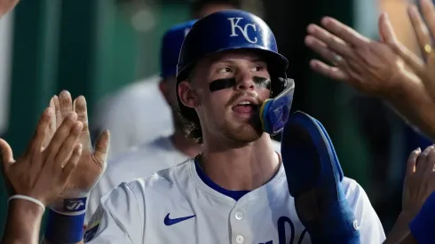 obby Witt Jr. #7 of the Kansas City Royals is congratulated by teammates after scoring in the third inning against the Detroit Tigers at Kauffman Stadium on September 17, 2024 in Kansas City, Missouri. 
