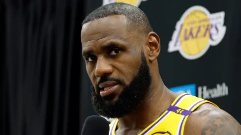 LeBron James #23 of the Los Angeles Lakers speaks during a Los Angeles Lakers media day at UCLA Health Training Center on September 30, 2024 in El Segundo, California. 
