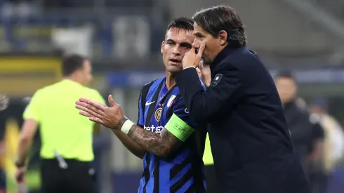 Lautaro Martinez of FC Internazionale interacts with Simone Inzaghi, Head Coach of FC Internazionale