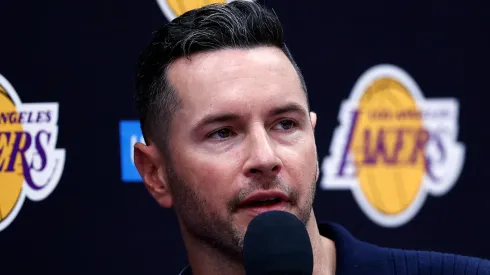 Head coach JJ Redick of the Los Angeles Lakers speaks with the media during a press conference at UCLA Health Training Center on September 25, 2024 in El Segundo, California.
