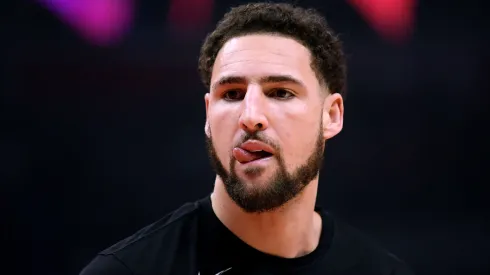 Klay Thompson #11 of the Golden State Warriors warms up before Game Two of Round One of the 2019 NBA Playoffs 
