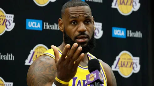 LeBron James #23 of the Los Angeles Lakers speaks during a Los Angeles Lakers media day at UCLA Health Training Center on September 30, 2024 in El Segundo, California.