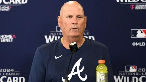 Manager Brian Snitker #43 of the Atlanta Braves speaks to the media during a press conference prior to Game One of the Wild Card Series against the San Diego Padres at Petco Park on October 01, 2024 in San Diego, California. 
