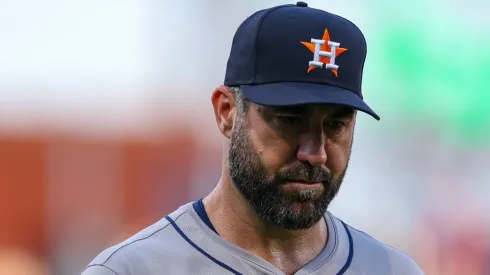 Justin Verlander #35 of the Houston Astros walks to the dugout prior to the game against the Philadelphia Phillies at Citizens Bank Park.
