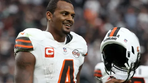 Deshaun Watson #4 of the Cleveland Browns walks across the field in the fourth quarter against the Las Vegas Raiders at Allegiant Stadium on September 29, 2024 in Las Vegas, Nevada.
