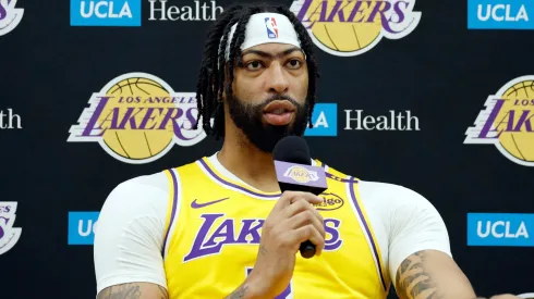 nthony Davis #3 of the Los Angeles Lakers speaks during a Los Angeles Lakers media day at UCLA Health Training Center on September 30, 2024 in El Segundo, California. 
