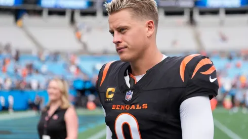 Joe Burrow #9 of the Cincinnati Bengals walks off the field after beating the Carolina Panthers 34-24 at Bank of America Stadium on September 29, 2024 in Charlotte, North Carolina.
