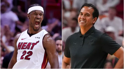 Jimmy Butler #22 of the Miami Heat reacts during the fourth quarter against the Milwaukee Bucks in Game Four of the Eastern Conference First Round Playoffs at Kaseya Center on April 24, 2023 in Miami, Florida – Head Coach Erik Spoelstra of the Miami Heat reacts to a foul call during game three of the Eastern Conference Semifinals against the New York Knicks at Kaseya Center on May 06, 2023 in Miami, Florida.
