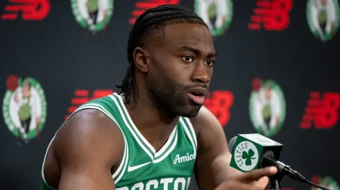 Jaylen Brown #7 of the Boston Celtics speaks to the media during Boston Celtics Media Day at The Auerbach Center on September 24, 2024 in Boston, Massachusetts.