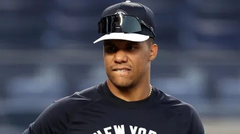 Juan Soto #22 of the New York Yankees looks on during a workout prior to the 2024 ALDS at Yankee Stadium on October 01, 2024 in the Bronx borough of New York City.