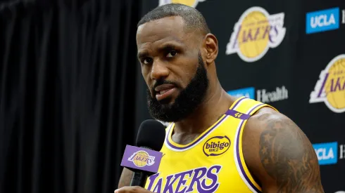 LeBron James #23 of the Los Angeles Lakers speaks during a Los Angeles Lakers media day at UCLA Health Training Center on September 30, 2024 in El Segundo, California.