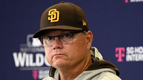 Manager Mike Shildt #8 of the San Diego Padres speaks to the media during a press conference prior to Game One of the Wild Card Series against the Atlanta Braves at Petco Park on October 01, 2024 in San Diego, California.
