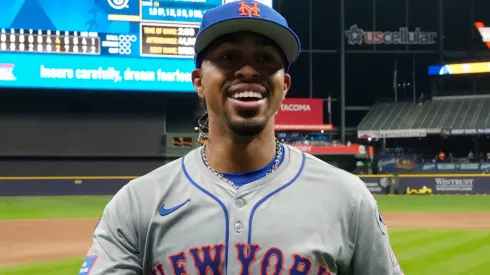 Francisco Lindor #12 of the New York Mets celebrates after beating the Milwaukee Brewers 4-2 in Game Three of the Wild Card Series at American Family Field on October 03, 2024 in Milwaukee, Wisconsin.
