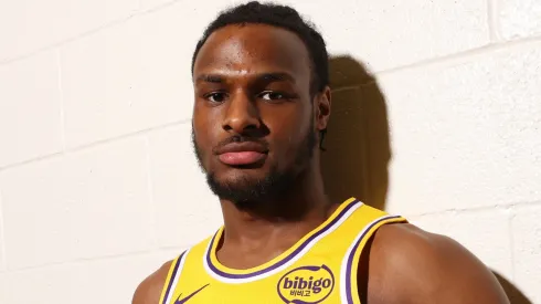  Bronny James #9 of the Los Angeles Lakers poses for a portrait during the 2024 NBA Rookie Photo Shoot at UNLV. 
