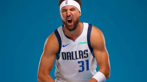 Klay Thompson #31 of the Dallas Mavericks poses for a portrait during the Dallas Mavericks Media Day at Mavericks Training Center on September 30, 2024 in Dallas, Texas.
