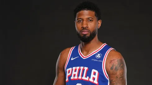 Paul George #8 of the Philadelphia 76ers poses for a picture at media day at 76ers Training Complex