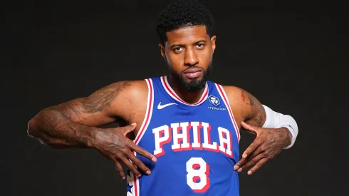 Paul George #8 of the Philadelphia 76ers poses for a picture at media day at 76ers