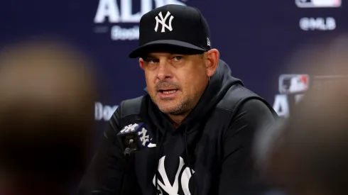 Manager Aaron Boone of the New York Yankees speaks to the media during a press conference ahead of the 2024 ALDS at Yankee Stadium on October 01, 2024 in the Bronx borough of New York City.