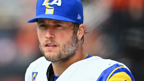 Matthew Stafford #9 of the Los Angeles Rams looks on during the fourth quarter against the Chicago Bears at Soldier Field on September 29, 2024 in Chicago, Illinois.
