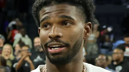 Colorado Buffaloes quarterback Shedeur Sanders attends Game Three of the 2024 WNBA Playoffs semifinals between the New York Liberty and the Las Vegas Aces at Michelob ULTRA Arena on October 04, 2024 in Las Vegas, Nevada. The Aces defeated the Liberty 95-81.
