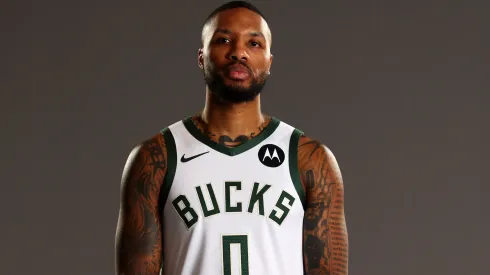 Damian Lillard #0 of the Milwaukee Bucks poses for a portrait during media day
