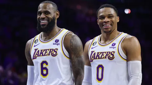 LeBron James #6 and Russell Westbrook #0 of the Los Angeles Lakers speak during the fourth quarter against the Philadelphia 76ers
