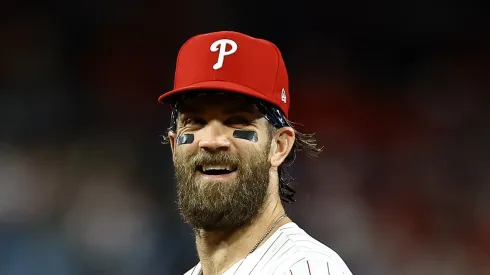 Bryce Harper #3 of the Philadelphia Phillies reacts to fans during the second inning against the Chicago Cubs at Citizens Bank Park on September 24, 2024 in Philadelphia, Pennsylvania.
