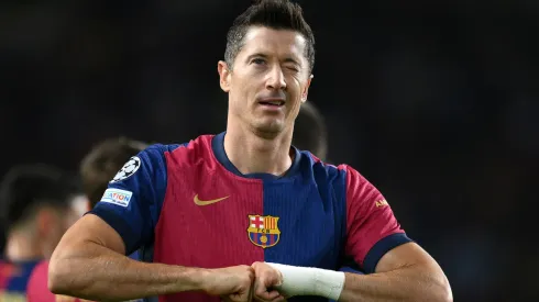 Robert Lewandowski of FC Barcelona celebrates scoring his team's first goal during the UEFA Champions League 2024/25 League Phase MD2 match between FC Barcelona and BSC Young Boys at Estadi Olimpic Lluis Companys on October 01, 2024 in Barcelona, Spain. 
