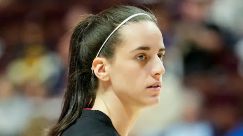 Caitlin Clark #22 of the Indiana Fever looks on during warmups before playing the Connecticut Sun during Game Two of the 2024 WNBA Playoffs first round at Mohegan Sun Arena on September 25, 2024 in Uncasville, Connecticut.
