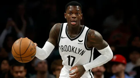 Dennis Schroder #17 of the Brooklyn Nets dribbles during the first half against the Boston Celtics
