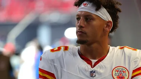 Patrick Mahomes #15 of the Kansas City Chiefs walks off the field after warmups prior to the game against the Atlanta Falcons at Mercedes-Benz Stadium on September 22, 2024 in Atlanta, Georgia.