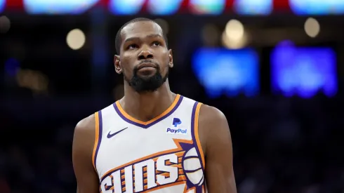 Kevin Durant #35 of the Phoenix Suns stands on the court during their game against the Sacramento Kings
