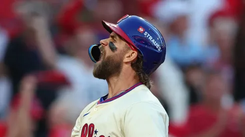 Bryce Harper #3 of the Philadelphia Phillies celebrates after hitting a two-run home run during the sixth inning against the New York Mets in Game Two of the Division Series at Citizens Bank Park on October 06, 2024 in Philadelphia, Pennsylvania. 
