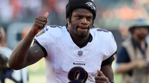 Lamar Jackson #8 of the Baltimore Ravens reacts after defeating the Cincinnati Bengals in overtime at Paycor Stadium on October 06, 2024 in Cincinnati, Ohio.
