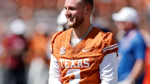 Quinn Ewers #3 of the Texas Longhorns watches players warm up before the game against the Mississippi State Bulldogs at Darrell K Royal-Texas Memorial Stadium on September 28, 2024 in Austin, Texas.
