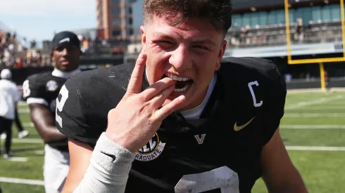 Diego Pavia #2 of the Vanderbilt Commodores celebrates after an overtime victory over Virginia Tech Hokies at FirstBank Stadium on August 31, 2024 in Nashville, Tennessee.
