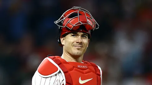 J.T. Realmuto #10 of the Philadelphia Phillies looks on after defeating the Chicago Cubs at Citizens Bank Park on September 25, 2024 in Philadelphia, Pennsylvania.
