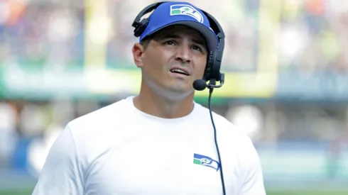 Head coach Mike Macdonald of the Seattle Seahawks looks on during halftime against the Denver Broncos at Lumen Field on September 08, 2024 in Seattle, Washington.
