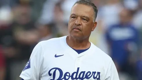 Dave Roberts #30 of the Los Angeles Dodgers looks on prior to game against the San Diego Padres in Game One of the Division Series at Dodger Stadium.
