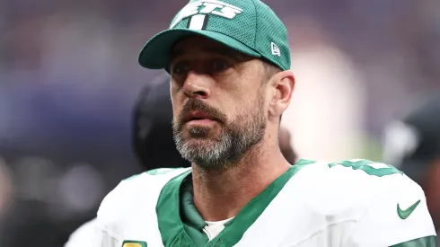 Aaron Rodgers of New York Jets looks on during the NFL match between New York Jets and Minnesota Vikings at Tottenham Hotspur Stadium on October 06, 2024 in London, England.