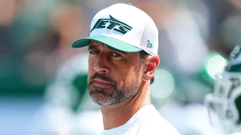 Aaron Rodgers of the New York Jets looks on prior to the preseason game against the Washington Commanders at MetLife Stadium on August 10, 2024 in East Rutherford, New Jersey. 
