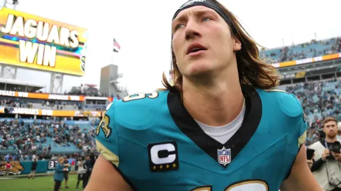 Trevor Lawrence #16 of the Jacksonville Jaguars looks on after beating the Indianapolis Colts 37-34 at EverBank Stadium on October 06, 2024 in Jacksonville, Florida.
