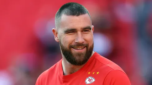 Tight end Travis Kelce #87 of the Kansas City Chiefs warms up prior to the game between the Buffalo Bills and the Kansas City Chiefs at GEHA Field at Arrowhead Stadium on December 10, 2023 in Kansas City, Missouri.
