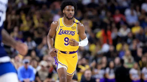 Bronny James #9 of the Los Angeles Lakers looks onduring the first half of a game against the Minnesota Timberwolves
