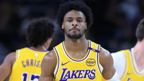 Bronny James #9 of the Los Angeles Lakers looks onduring the first half of a game against the Minnesota Timberwolves at Acrisure Arena on October 04, 2024 in Palm Springs, California. 
