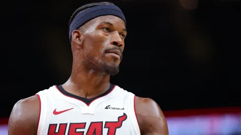 Jimmy Butler #22 of the Miami Heat reacts against the Atlanta Hawks during double overtime at State Farm Arena on April 09, 2024 in Atlanta, Georgia. 
